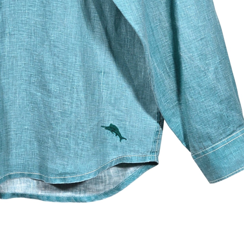 Tommy Bahama Linen Button Down Shirt Mens Medium Teal Blue‎ Long Sleeve Pocket - Picture 3 of 7